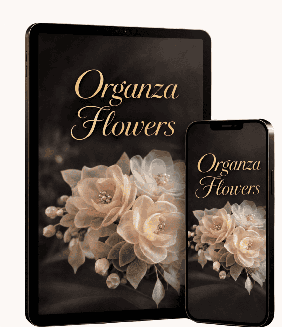 Organza flower guide shown on a tablet and phone